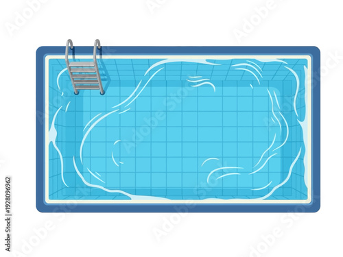 Overhead view of a rectangular swimming pool with blue tiled bottom and metal ladder