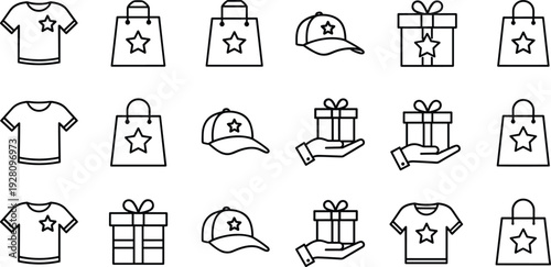 Shopping and retail icon set featuring t-shirts, gift boxes, shopping bags, and baseball caps with star logo for e-commerce branding,