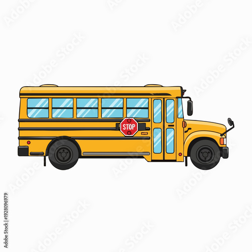 Cartoon school bus illustration with a stop sign yellow vehicle design for children's books and transportation safety education material