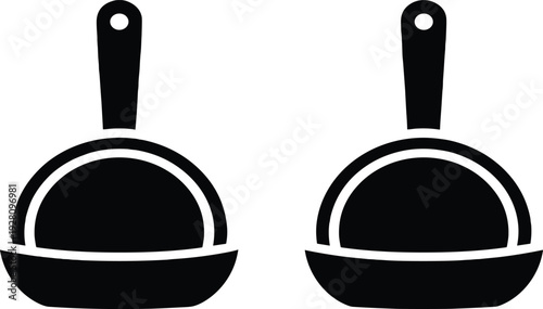 Kitchen frying pan icon set with long handle, professional cad drawing flat vector illustration for cookware branding, restaurant menus, and home cooking graphics.