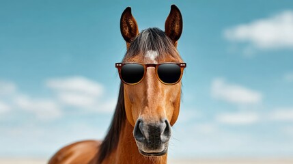 Horse wearing sunglasses stands against a clear blue sky with fluffy clouds, showcasing a playful and humorous side of equine photography in a natural outdoor setting