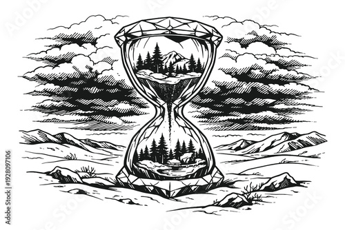 Surreal hourglass containing a miniature mountain forest landscape, imaginative concept art hand drawn line art vector illustration of time and nature.