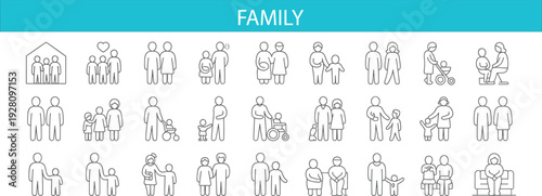 Family and People Line Icons Set Featuring Parents, Children, Couples, Elderly, Parenting, Childcare, and Household Relationships Vector Illustration Collection