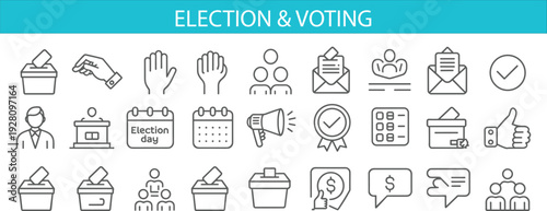 Election and voting line icon set featuring ballot box, voter, election day calendar, check mark, envelope, megaphone and democracy symbols isolated on gray background.
