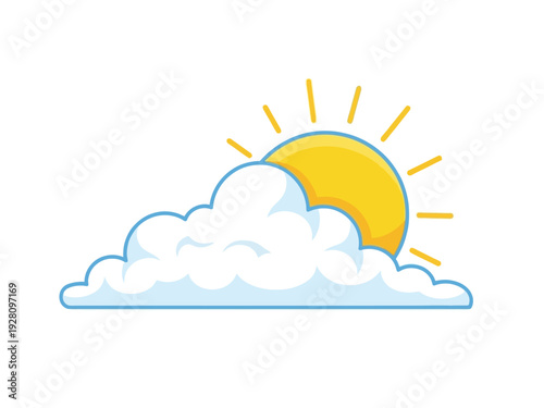 Stylized sun partially obscured by a white and light bluerimmed cloud