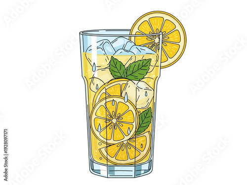 Tall glass of iced lemonade with lemon slices and mint leaves