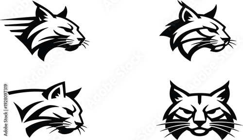 Lynx head mascot logo set, bobcat face silhouettes in flat vector style for CAD drawing, predatory wild cat icons, forest animal head graphic