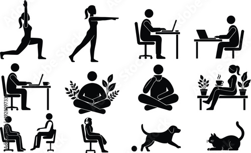 Comprehensive black silhouette icon set featuring people practicing yoga, working on laptops, meditating, drinking coffee, and relaxing with domestic pets like cats and dogs.