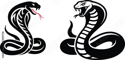 Cobra snake mascot illustration set with aggressive venomous reptile tattoo style design