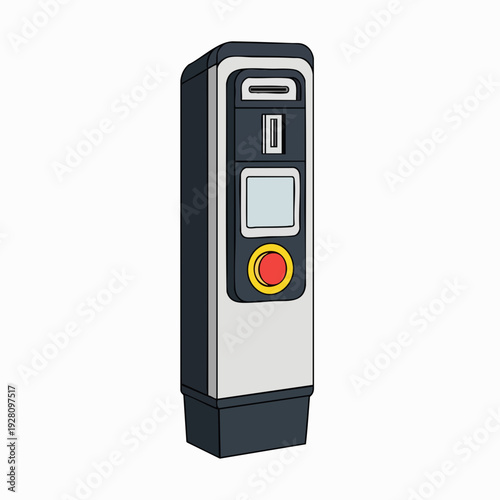 Cartoon style emergency call box illustration featuring a red button screen and card reader on a white background for safety guidance