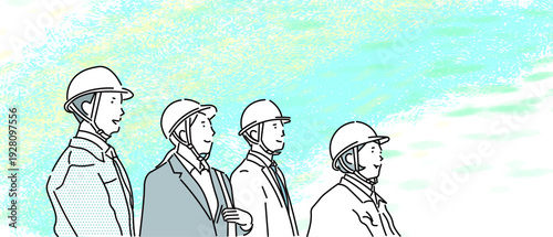 ヘルメットと作業着を着たビジネスパーソンーチームー明るい未来を夢見る男女ーシンプル線画イラスト素材