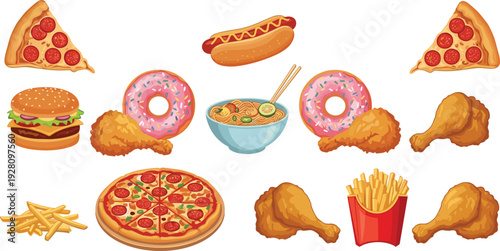 Large collection of delicious fast food items including pizza burger hot dog fries and fried chicken vector