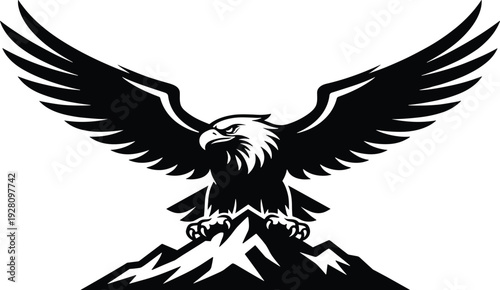 Majestic eagle mascot spreading wings over mountain peak, professional cad drawing flat vector illustration for sports branding, wilderness logos, and patriotic design.
