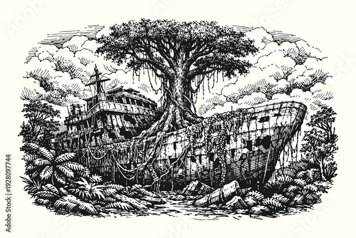 Ancient shipwreck overgrown with jungle vines and a large tree, abandoned nautical ruins in hand drawn line art vector illustration for adventure.