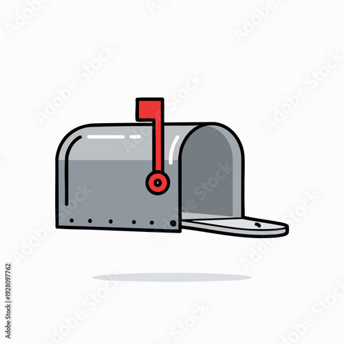 Cartoon gray metal mailbox with red flag up isolated on white background; vintage vector illustration for graphic resources