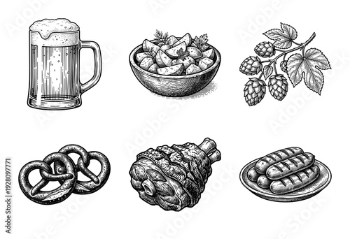 Vintage woodcut style collection of traditional German food and drink icons featuring beer mug pretzels and sausages