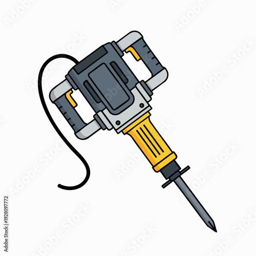 Cartoon-style illustration of a jackhammer construction tool with black outline gray and yellow colors for construction and demolition work