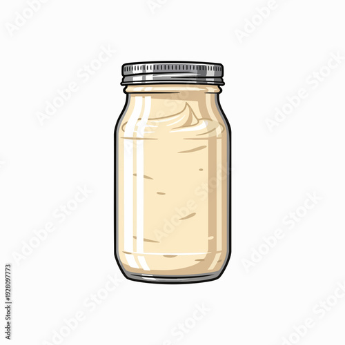 Cartoon-style illustration of a glass mason jar filled with creamy white mayonnaise sealed with a silver lid for food-related designs