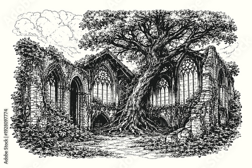 Gothic cathedral ruins merged with a giant ancient tree, hauntingly beautiful architectural decay in hand drawn line art vector illustration sketch.