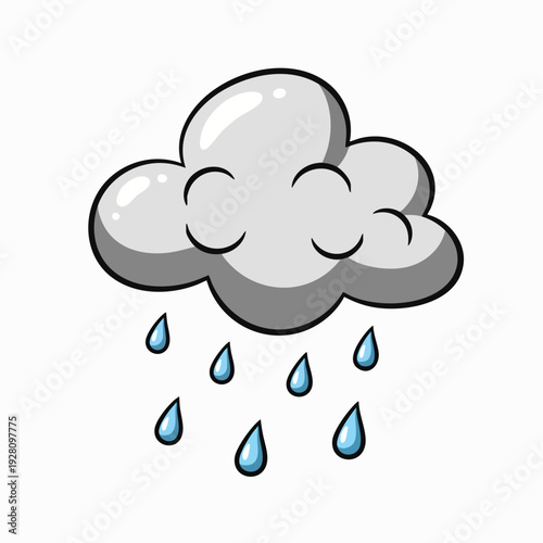 Cartoon gray rain cloud with water droplets illustration; vector drawing of weather; cute seasonal graphic element for design; climate icon
