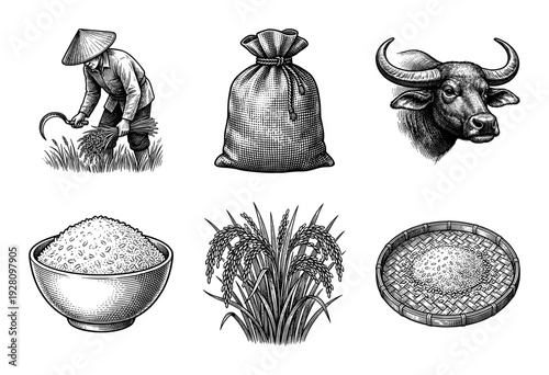 Vintage woodcut style collection of rice farming elements featuring a farmer, water buffalo, grain sack, and harvested crops