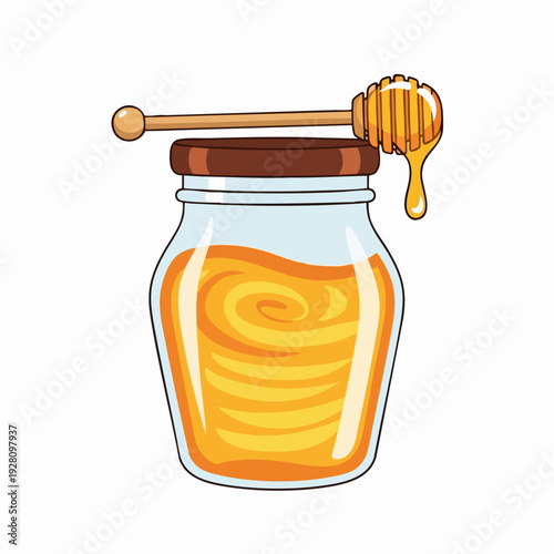 Cartoon illustration of a honey jar with dipper featuring sweet dripping honey isolated on white designed for healthy food and natural sweetener concepts