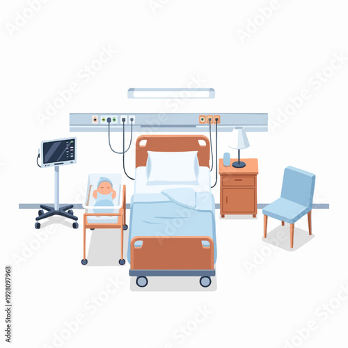 Cartoon illustration of a hospital room with a bed baby crib medical monitor bedside table and chair in a clean and modern style