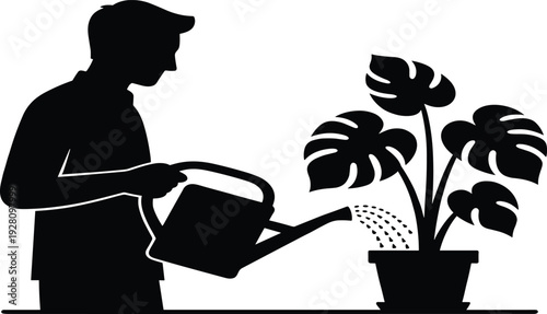 Man watering indoor monstera plant with watering can silhouette, professional cad drawing flat vector illustration for gardening, houseplant care, and hobby lifestyle branding.