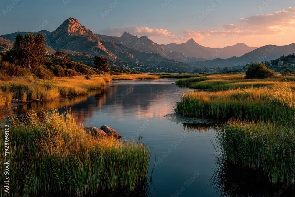 Fototapeta premium A peaceful wetland with reeds, clear reflections, and distant mountains under a golden sky