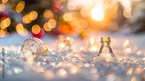 Glass Christmas Ornaments on Snow with Warm Sunset Light