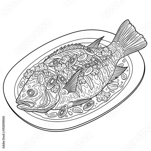 A meticulously detailed monochrome illustration showcasing a beautifully prepared whole fish on a serving platter, complete with delicate garnishes, ideal for culinary themes