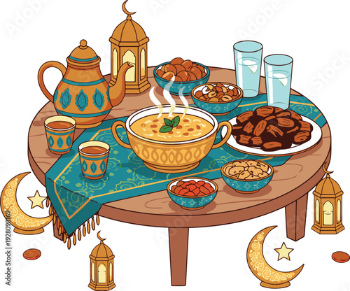 Vibrant iftar table setting with traditional Middle Eastern food and decor