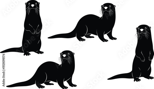 Otter silhouette set with standing and sitting poses, aquatic mammal icons in flat vector style for CAD drawing, wildlife nature design elements, river animal