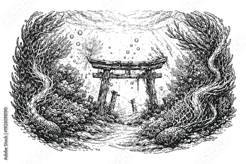 Underwater Torii gate ruins with mystical sea forest and bubbles, vintage hand drawn line art vector illustration of a sunken Japanese landscape scene.