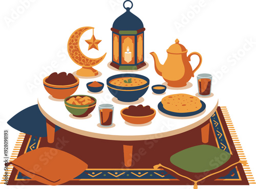 Vibrant iftar table setting with traditional food and lantern