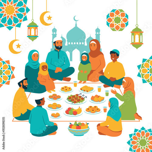 Muslim family enjoying traditional iftar meal together at home