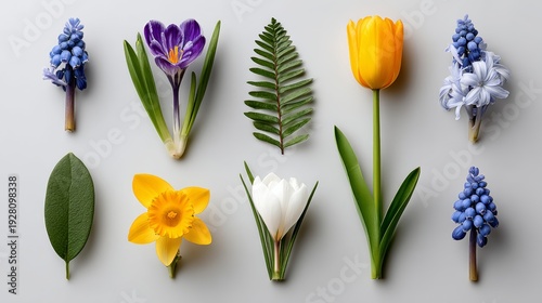 Assorted spring flowers including crocus, daffodil, tulip, and grape hyacinth arranged on a light gray background with green leaves and fern fronds