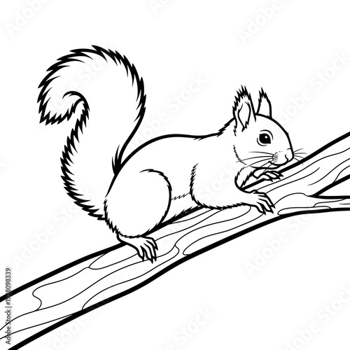 A detailed black and white line drawing of a squirrel perched on a tree branch, showcasing its bushy tail and alert posture, perfect for nature and wildlife illustrations