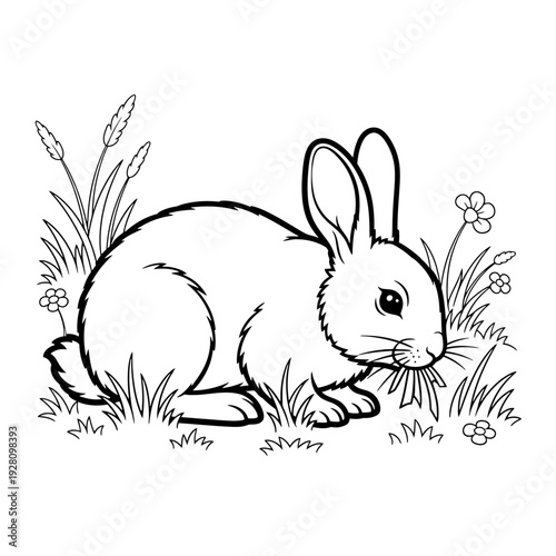 Black and white line art illustration of an adorable wild rabbit nibbling grass in a natural meadow scene, perfect for children's coloring pages or educational animal-themed designs