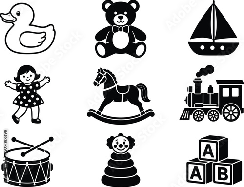 Baby toys icons set with teddy bear duck train drum blocks rocking horse silhouette illustration collection