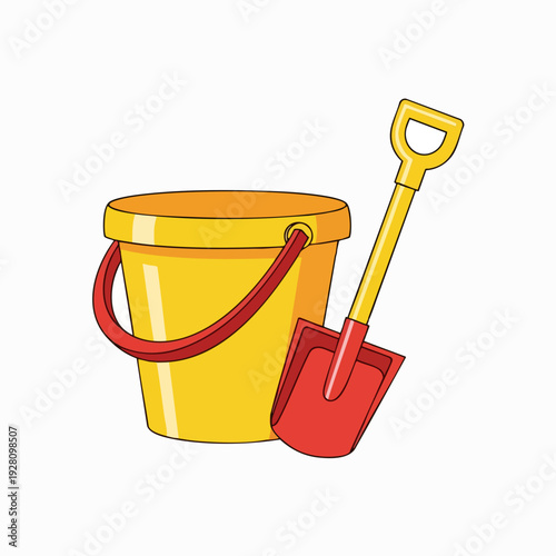 Cartoon yellow bucket and red spade for kids in vector style; fun beach toy for sand play and childhood summer games