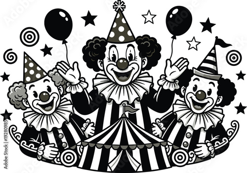 Black and white circus clowns illustration with balloons stars tent carnival party theme