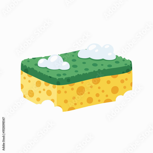 Cartoon yellow kitchen sponge with green scouring pad and soap bubbles for dishwashing and cleaning chores on white background