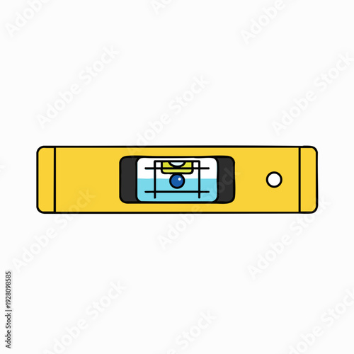 Cartoon yellow spirit level with bubble centered in the vial indicating horizontal plane construction equipment and instrument for measuring; isolated design element