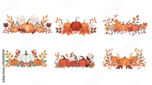 Festive autumn decor from pumpkins, berries and leaves, seasonal harvest arrangement with orange gourds and colorful foliage isolated on white background, cozy fall decoration concept for thanksgiving