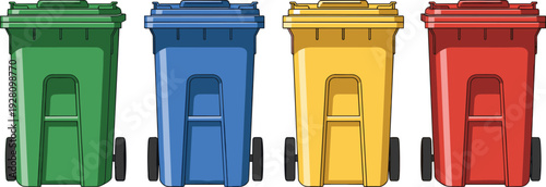 Four colorful recycling bins green blue yellow and red with wheels for waste sorting outdoors