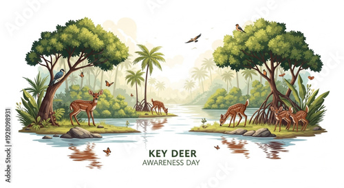 Key Deer Awareness Day Vector Illustration with Deer, Florida Keys Habitat, and Tropical Wildlife
