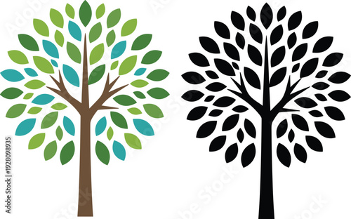 Minimalist vector illustration of a stylized tree with green and teal leaves alongside a black silhouette icon isolated on a clean white background