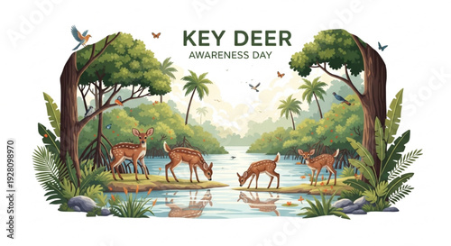 Key Deer Awareness Day Vector Illustration with Deer, Florida Keys Habitat, and Tropical Wildlife