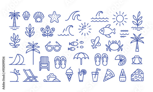 Coastal summer travel elements outline icon bundle minimal vector illustration set, easily editable.